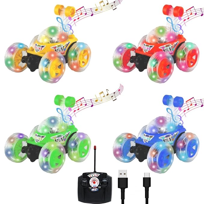 JoyMates Rechargeable 360 Degree Rotation Stunt King Remote Control Stunning Moves Car Toy for Kids with Colorful Flashing Lights and Dynamic Music - Multicolor (Color As Per Stock)
