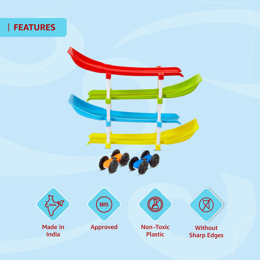 JoyMates 4 Level Ramp Race Gift for Kids | 2 Cars with 4 Ramps and Race Track for 1, 2, 3 Toddlers, Boys & Girls Educational Vehicle with Figures.