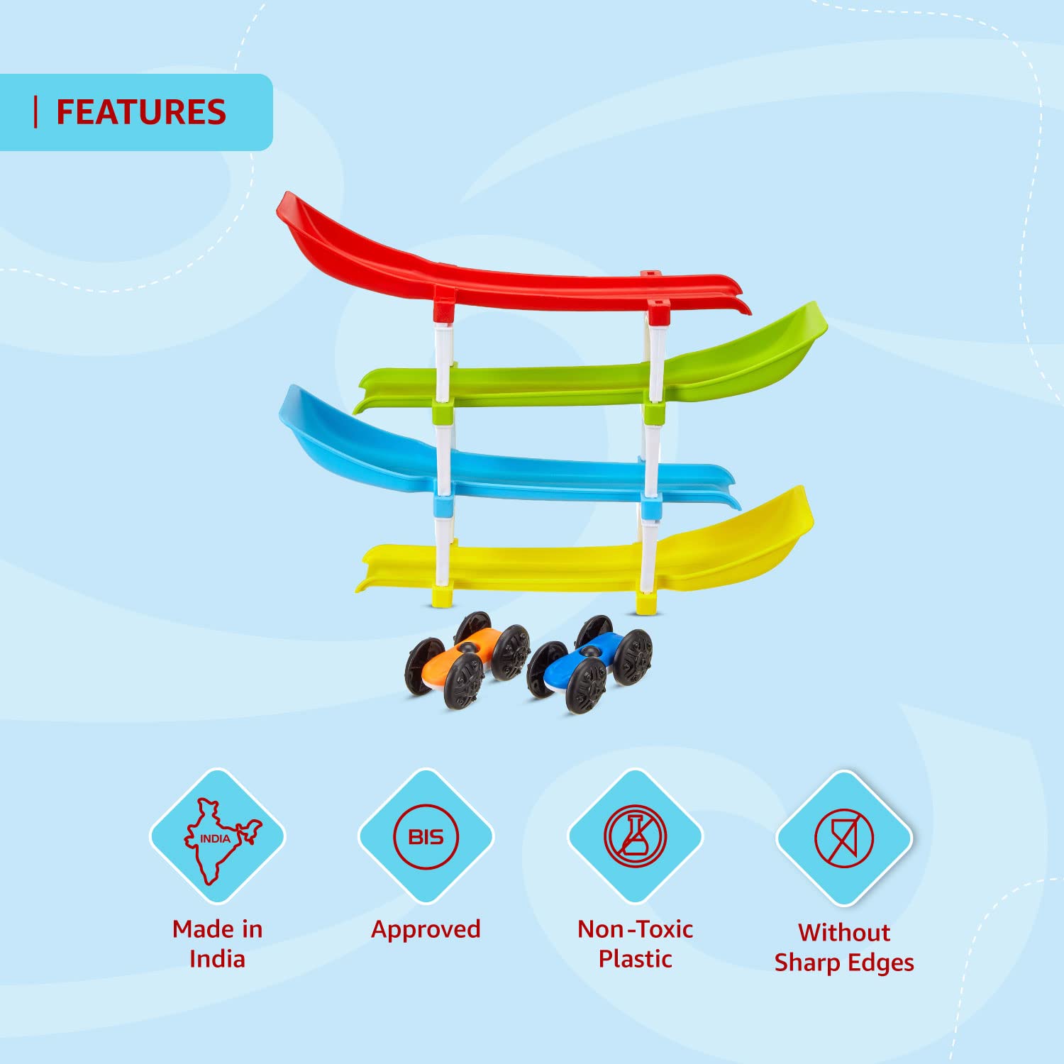 JoyMates 4 Level Ramp Race Gift for Kids | 2 Cars with 4 Ramps and Race Track for 1, 2, 3 Toddlers, Boys & Girls Educational Vehicle with Figures.