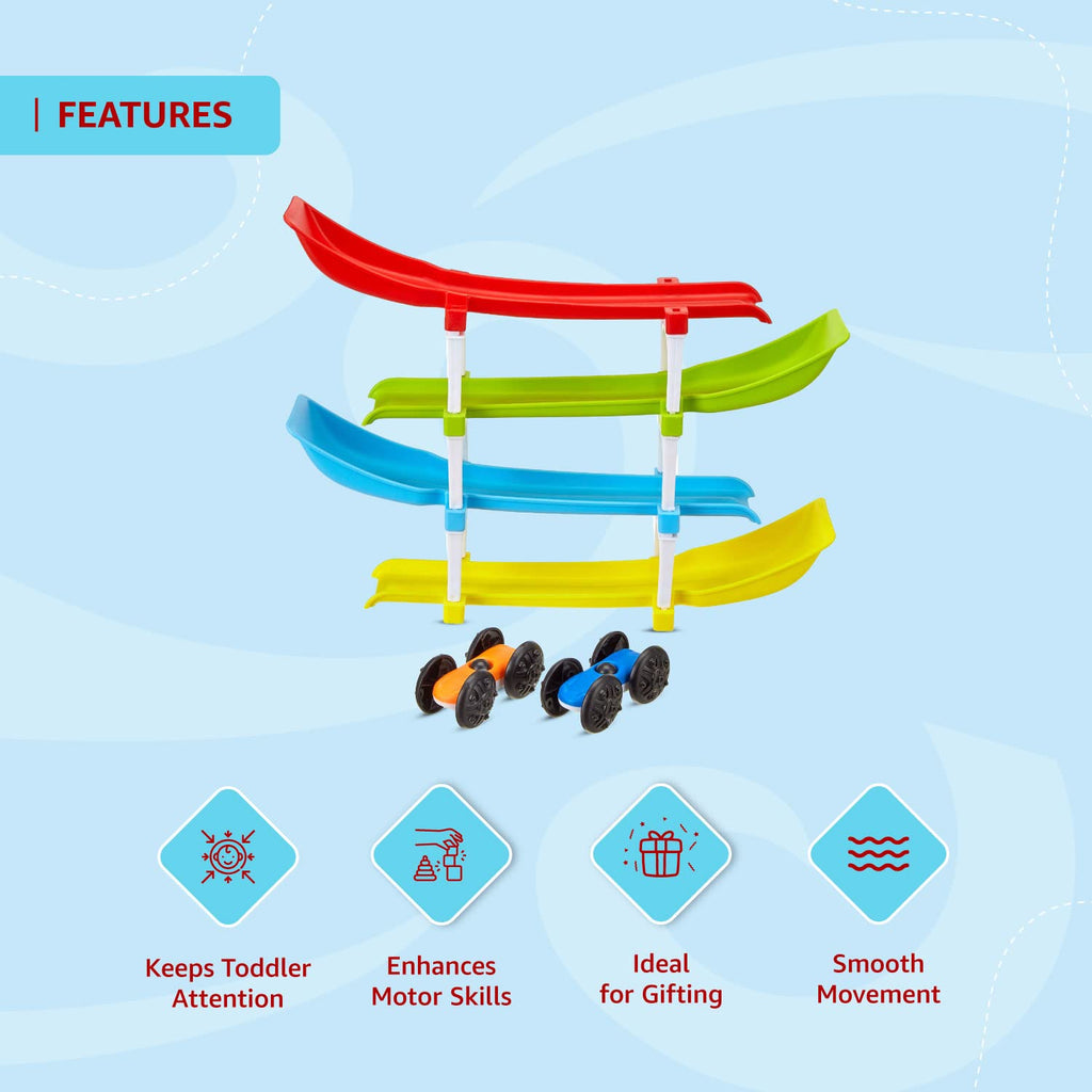 JoyMates 4 Level Ramp Race Gift for Kids | 2 Cars with 4 Ramps and Race Track for 1, 2, 3 Toddlers, Boys & Girls Educational Vehicle with Figures.
