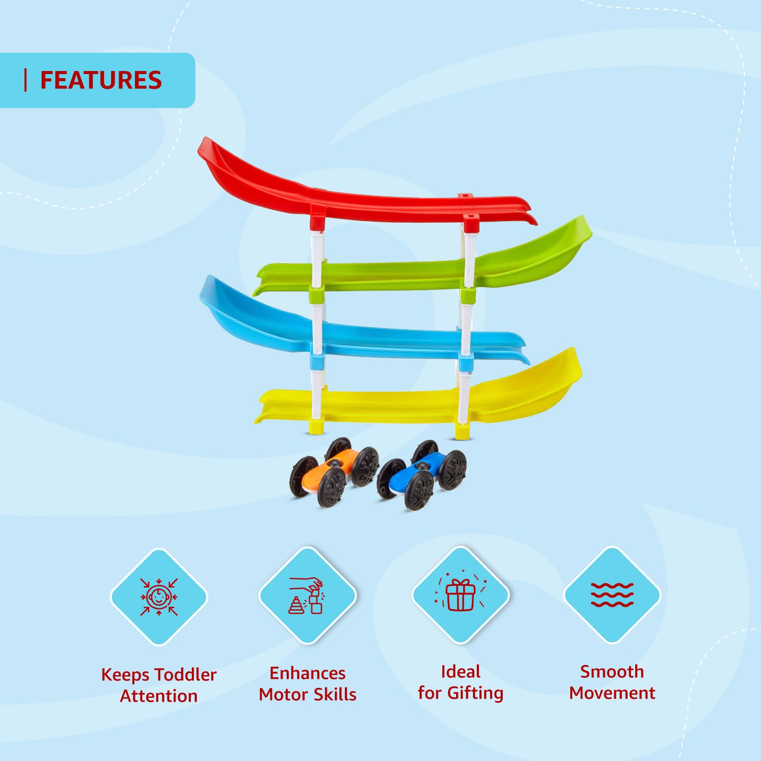 JoyMates 4 Level Ramp Race Gift for Kids | 2 Cars with 4 Ramps and Race Track for 1, 2, 3 Toddlers, Boys & Girls Educational Vehicle with Figures.