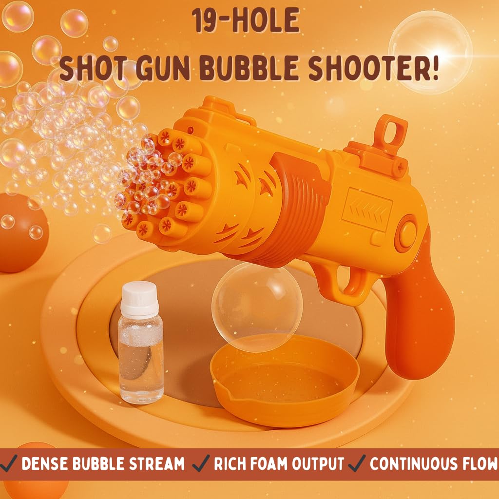 JoyMates Shot Gun Bubble Shooter for Kids |19 Hole Automatic Bubble Blaster | Battery Operated with Bubble Solution & Tray | Outdoor and Indoor Party Toy | Age 3+ for Girls and Boys