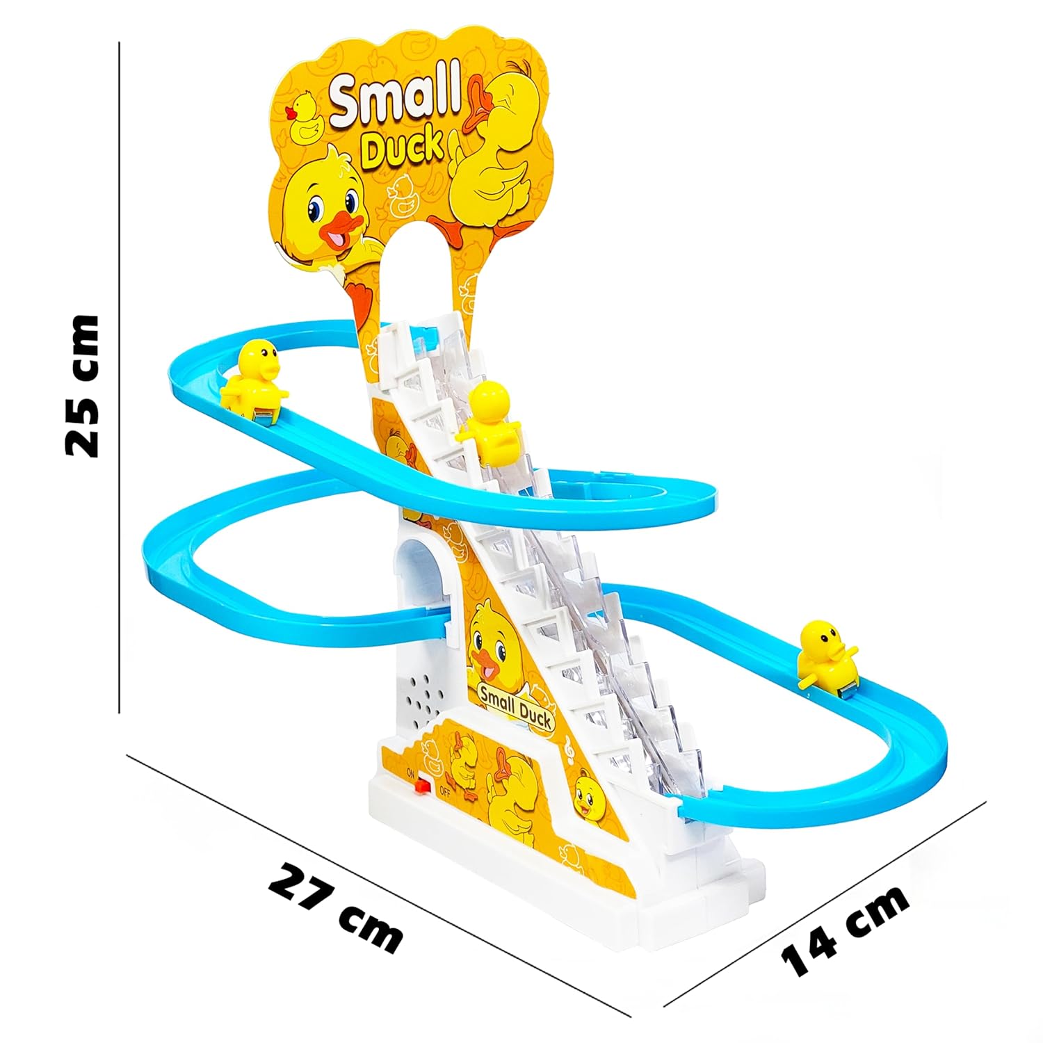JoyMates  Duck Slide Toy Set, Funny Automatic Duck Chasing Race Track Game Set, Climbing Duckling Lovely Toy Escalator with Lights and Music, Cute Cartoon Ladder with 3 Ducks