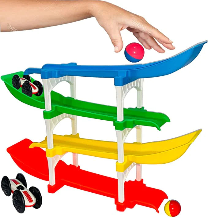JoyMates 4 Level Ramp Race Gift for Kids | 2 Cars with 4 Ramps and Race Track for 1, 2, 3 Toddlers, Boys & Girls Educational Vehicle with Figures.