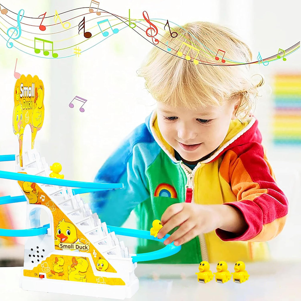 JoyMates  Duck Slide Toy Set, Funny Automatic Duck Chasing Race Track Game Set, Climbing Duckling Lovely Toy Escalator with Lights and Music, Cute Cartoon Ladder with 3 Ducks