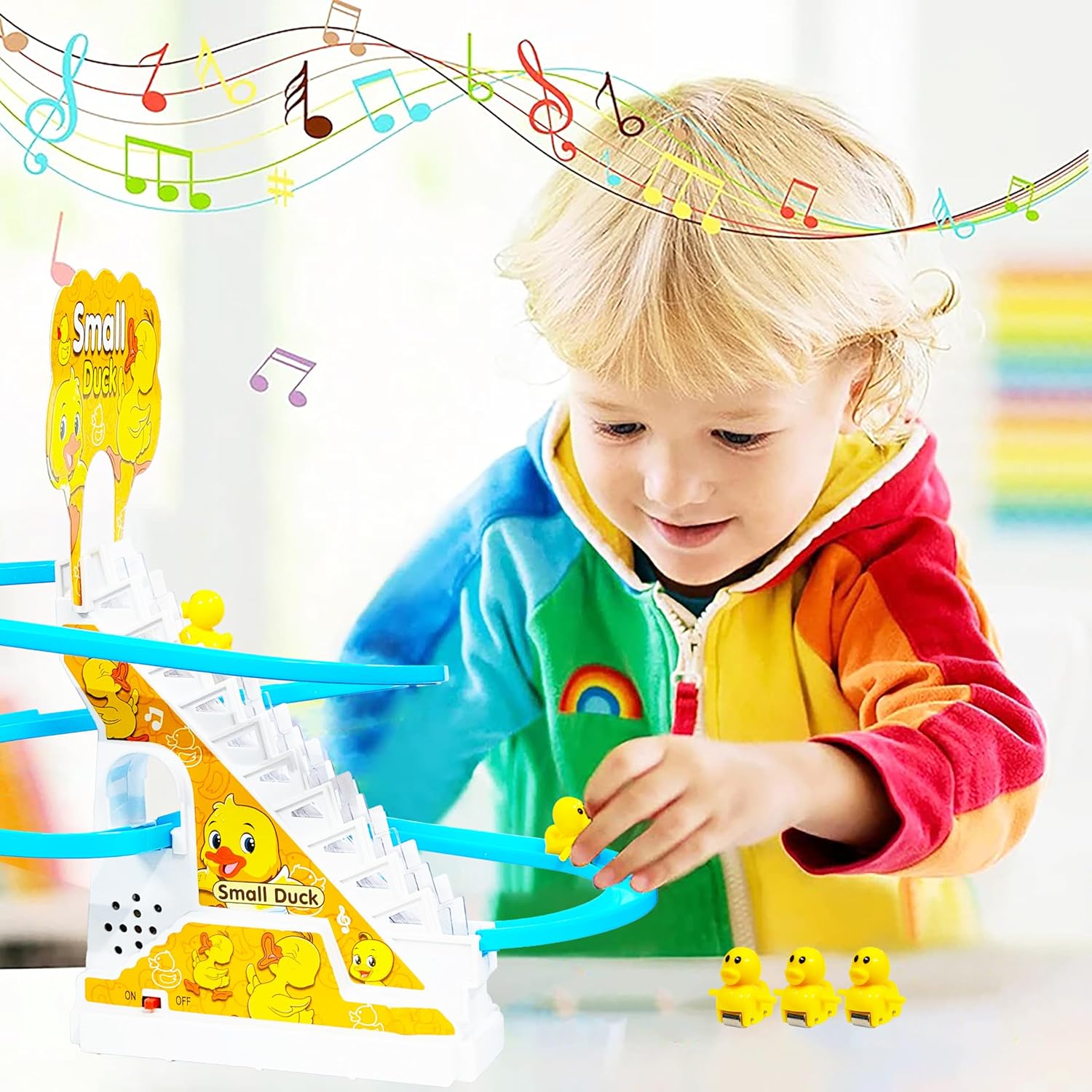 JoyMates  Duck Slide Toy Set, Funny Automatic Duck Chasing Race Track Game Set, Climbing Duckling Lovely Toy Escalator with Lights and Music, Cute Cartoon Ladder with 3 Ducks
