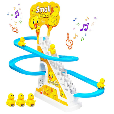 JoyMates  Duck Slide Toy Set, Funny Automatic Duck Chasing Race Track Game Set, Climbing Duckling Lovely Toy Escalator with Lights and Music, Cute Cartoon Ladder with 3 Ducks