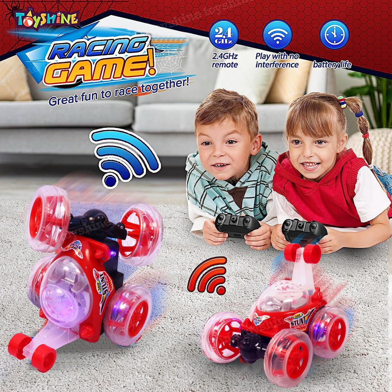 JoyMates Rechargeable 360 Degree Rotation Stunt King Remote Control Stunning Moves Car Toy for Kids with Colorful Flashing Lights and Dynamic Music - Multicolor (Color As Per Stock)
