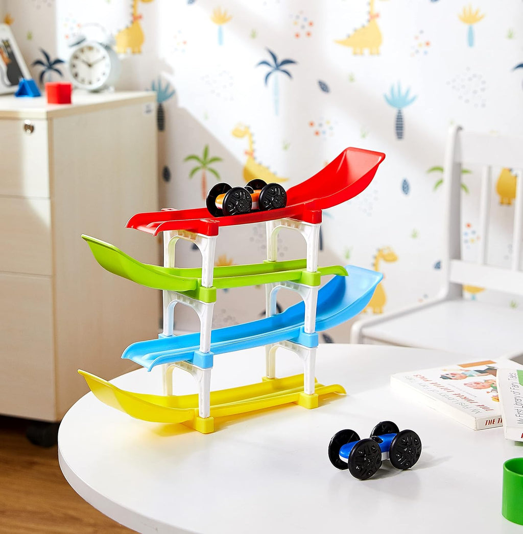 JoyMates 4 Level Ramp Race Gift for Kids | 2 Cars with 4 Ramps and Race Track for 1, 2, 3 Toddlers, Boys & Girls Educational Vehicle with Figures.