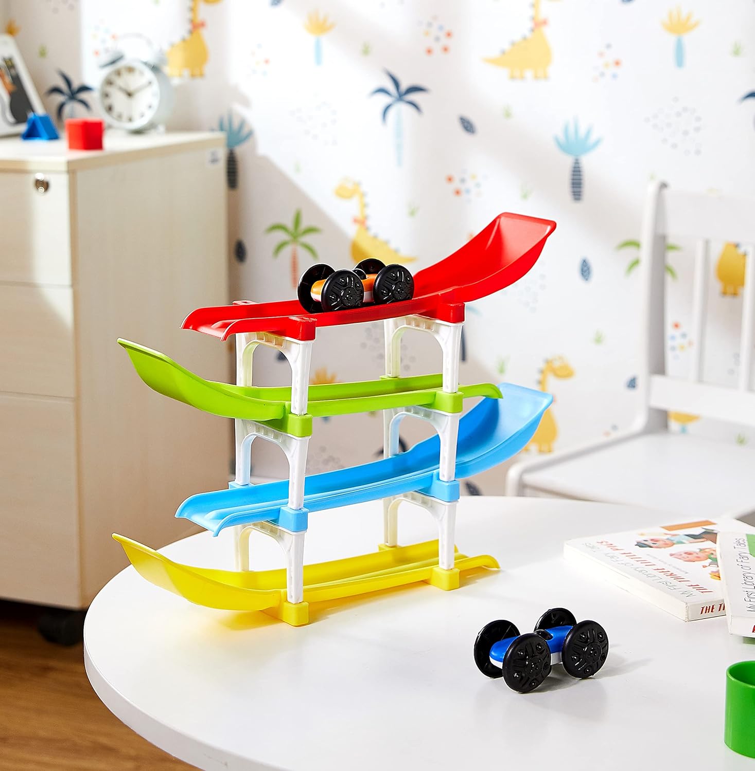 JoyMates 4 Level Ramp Race Gift for Kids | 2 Cars with 4 Ramps and Race Track for 1, 2, 3 Toddlers, Boys & Girls Educational Vehicle with Figures.