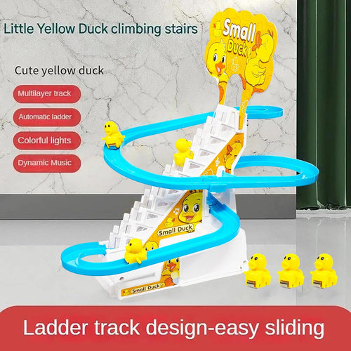 JoyMates  Duck Slide Toy Set, Funny Automatic Duck Chasing Race Track Game Set, Climbing Duckling Lovely Toy Escalator with Lights and Music, Cute Cartoon Ladder with 3 Ducks