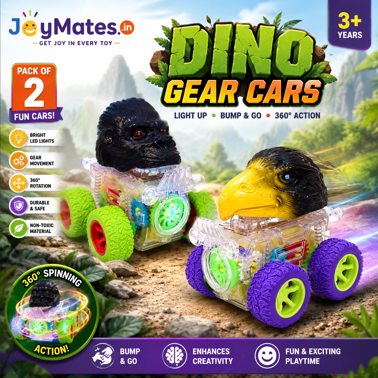 Funny Dino Pack of 2 Automobile Car Toy Set, Friction Powered Toy Vehicle Play Set for Kids