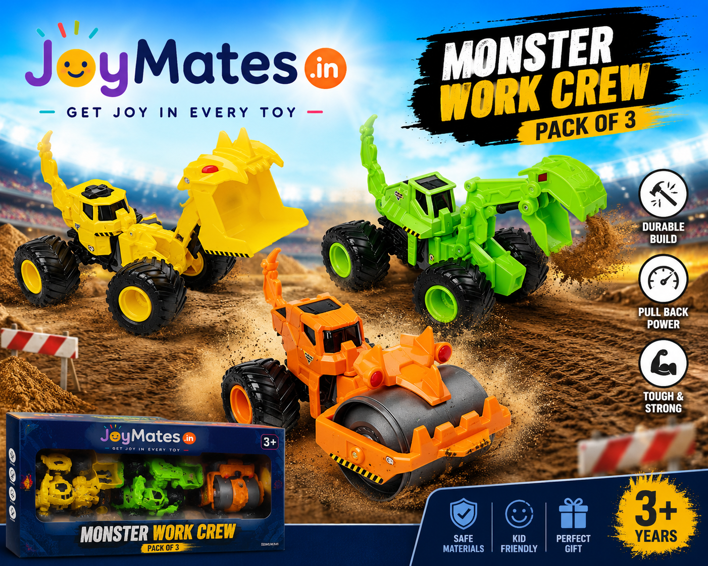 JoyMates Dirt Squad 3-Pack of Monster Trucks with Moving Parts, 1:64 Scale Die-Cast Vehicles.