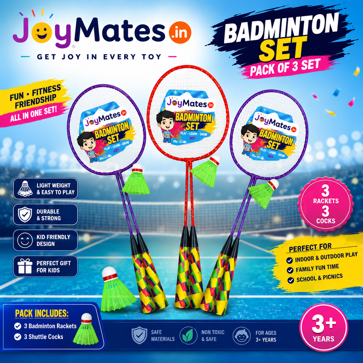 JoyMates Badminton Set Of - 3 (6 Rackets With 3 shuttlecock) Best Outdoor Activity For Kids.