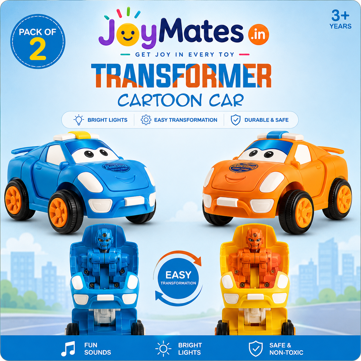 JoyMates Transforming Car to Robot Toy – Friction Powered Push & Go Bump and Transform Vehicle for Kids– PACK OF 2.